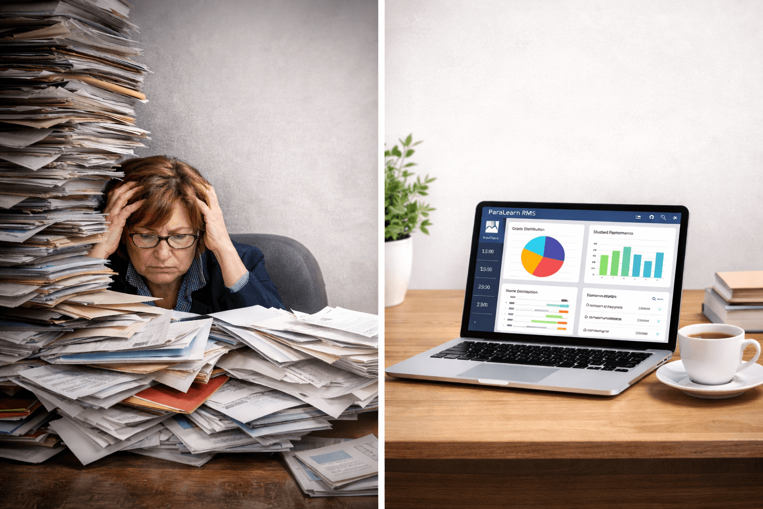 Split screen showing stressed administrator with paperwork on left, and clean ParaLearn RMS dashboard on laptop on right